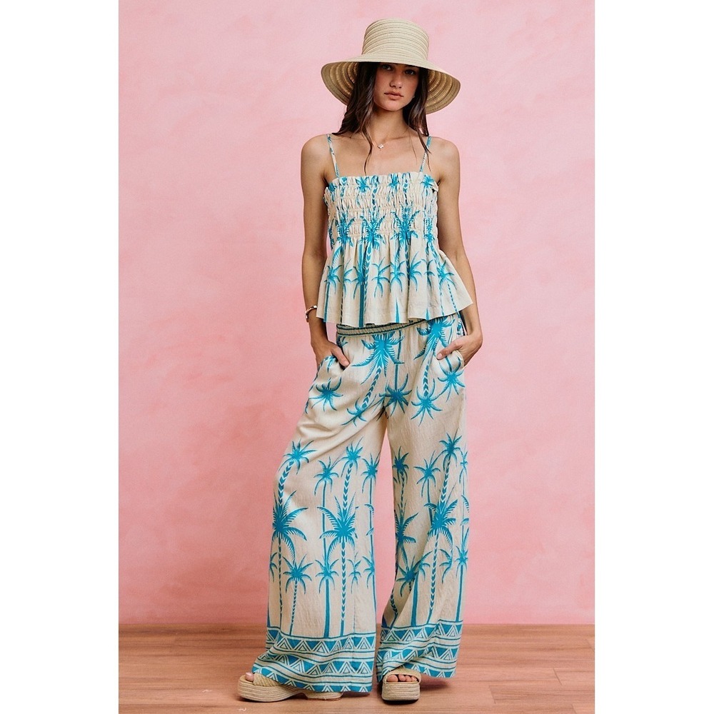 SO ME Palm Tree Smocked Bodice Adjustable Cami Top - Blue - Medium - Picture 8 of 16